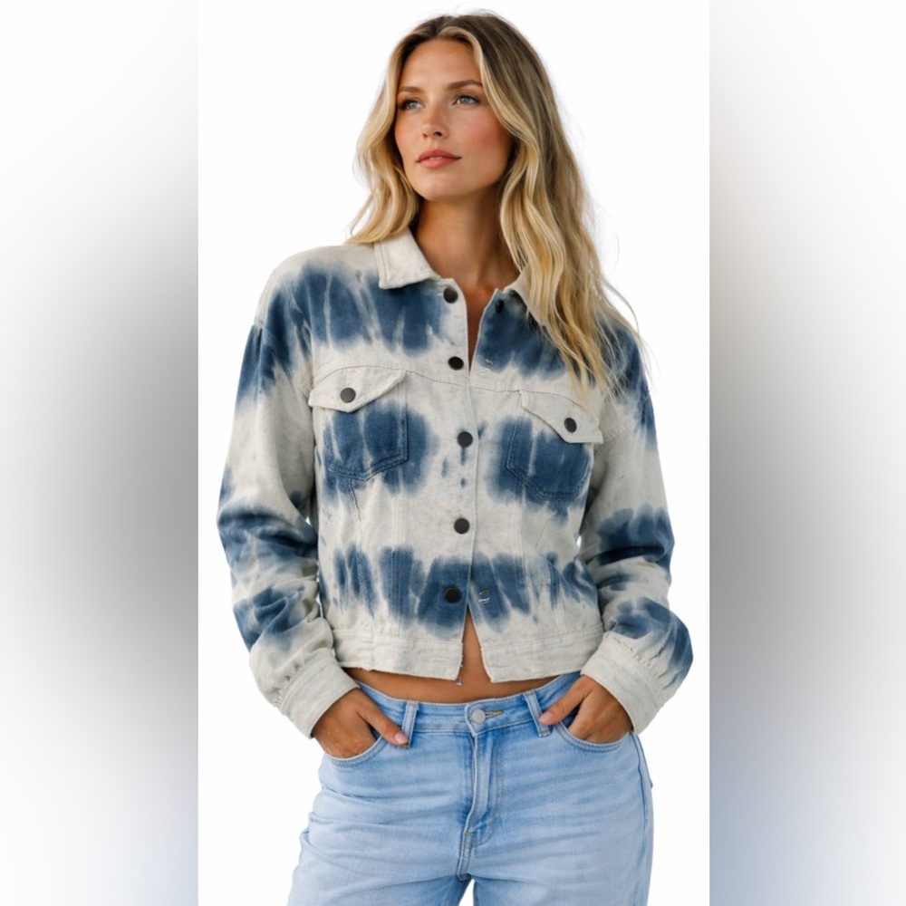 POL Jacket Tie Dye Blue Cream White Button Front Cotton Boho Beach Chic Summer L